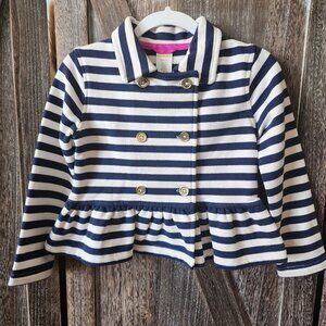 Gymboree Navy and White Knit Stretch Ruffle Peplum Jacket Gold Buttons Size XS 4